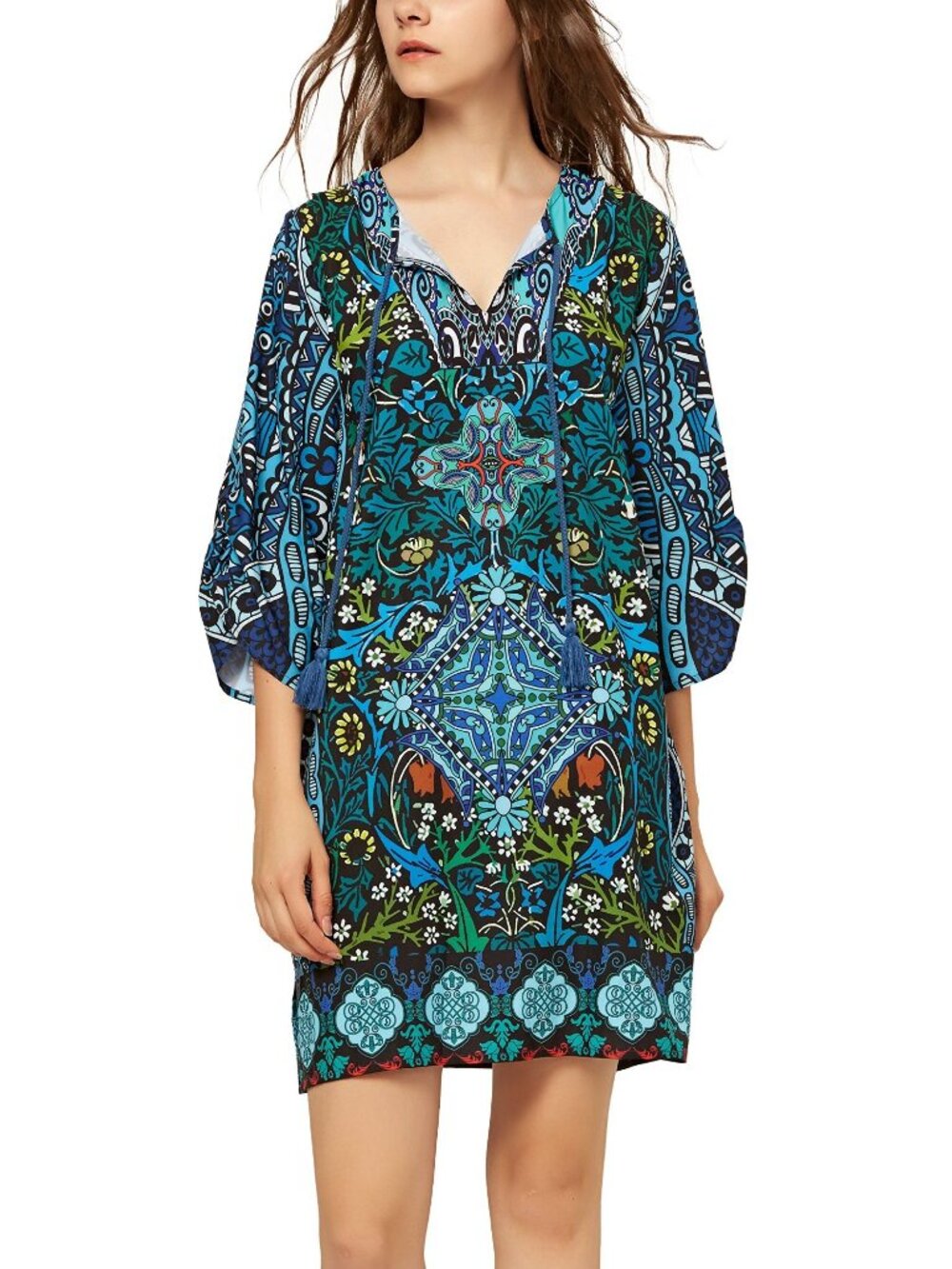 Urban CoCo Bohemian Tassel Tie Blue Floral Ethnic Style Summer Shift Dress L NWT